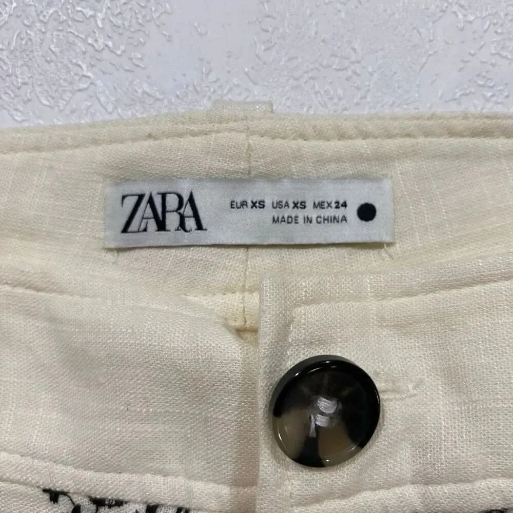 Zara Cream Embroidered Wide Leg Pants XS Boho Linen Blend